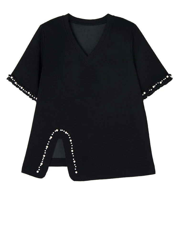 Black Pearled T-shirt Mini Skirt Two Pieces Suit New Round Neck Short Sleeve Women Fashion Spring Summer 2025 1DJ1124