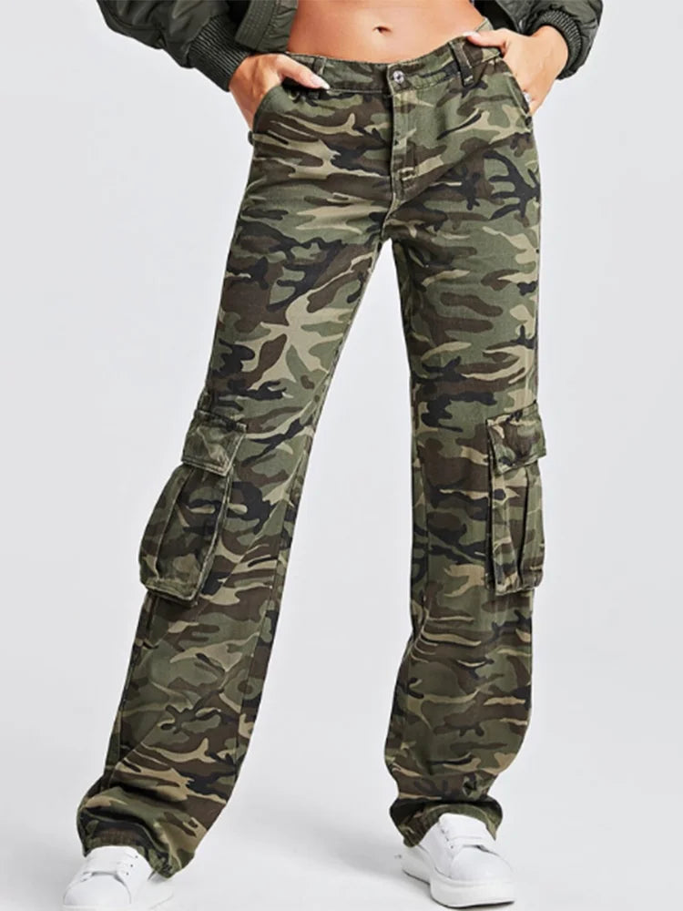 Camouflage Denim Trousers For Women High Waist Patchwork Button Temperament Safari Style Cargo Pants Female