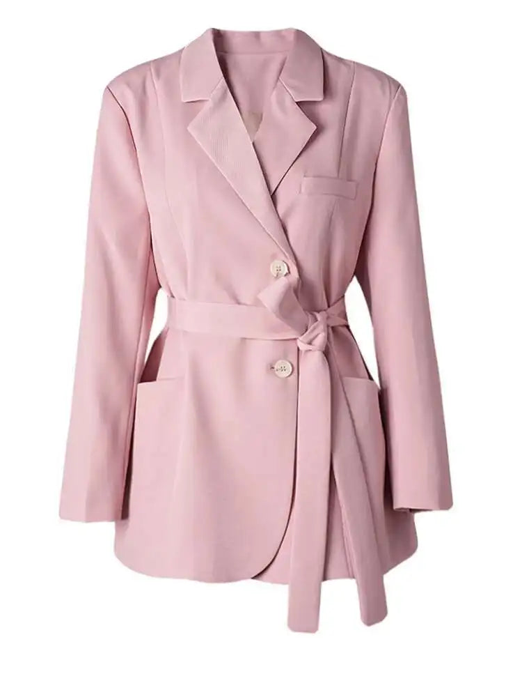 Women Beige Belted Pocket Big Size Elegant Blazer New Lapel Long Sleeve Jacket Fashion Tide Spring Autumn 2025 CPG2777