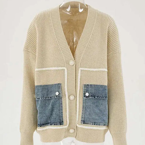 Load image into Gallery viewer, Brown Denim Pocket Big Size Knitting Cardigan Sweater V-Neck Long Sleeve Women New Fashion Tide Spring Autumn 2025 CPG1987
