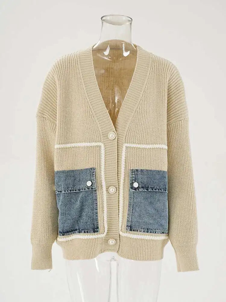Brown Denim Pocket Big Size Knitting Cardigan Sweater V-Neck Long Sleeve Women New Fashion Tide Spring Autumn 2025 CPG1987