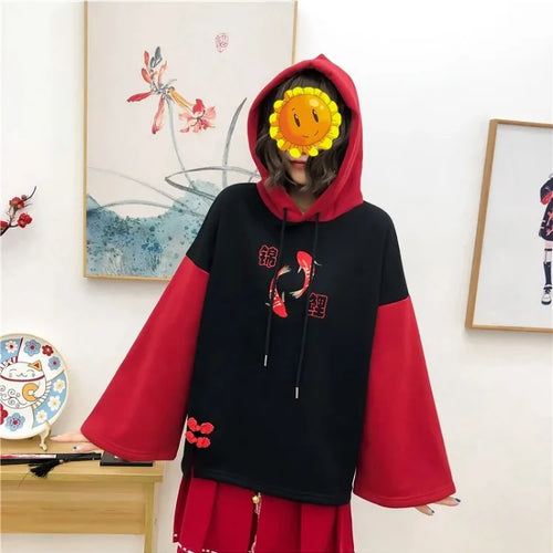 Load image into Gallery viewer, Fleece Women&#39;s Hooded Sweatshirt Cartoon Embroidery Hoodies Flare Sleeve Pullover Tracksuits Winter Clothes For Sweet Girl
