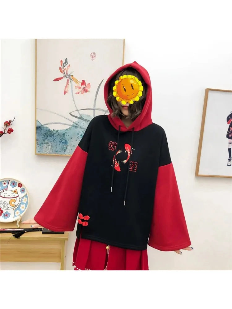 Fleece Women's Hooded Sweatshirt Cartoon Embroidery Hoodies Flare Sleeve Pullover Tracksuits Winter Clothes For Sweet Girl