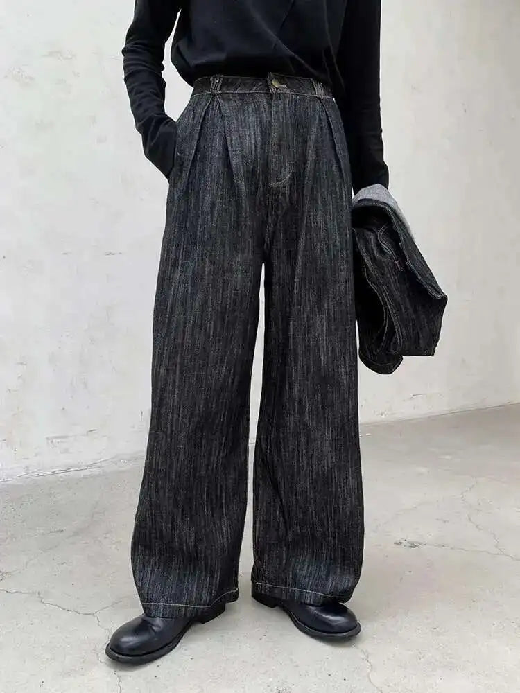High Waist Black Brief Denim Vintage Long Casual Wide Leg Pants New Trousers Women Fashion Tide Spring Autumn 2025 1DH8385