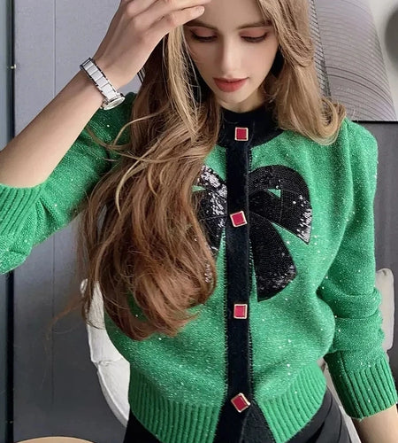 Women Vintage Knit Cardigan With Embroidery Long Sleeves Round Neck Ribbed Trims Cardigan Female Elegant Sweater Outerwear C-044