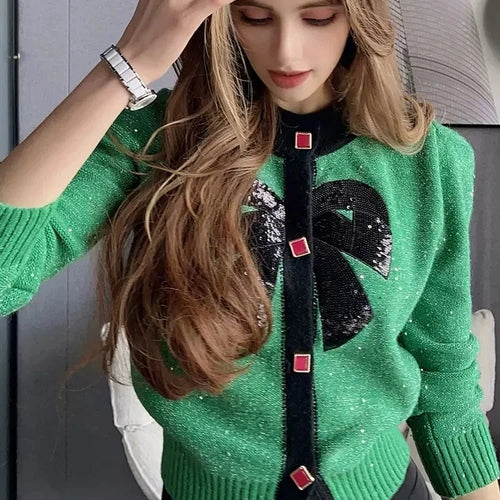 Load image into Gallery viewer, Women Vintage Knit Cardigan With Embroidery Long Sleeves Round Neck Ribbed Trims Cardigan Female Elegant Sweater Outerwear C-044
