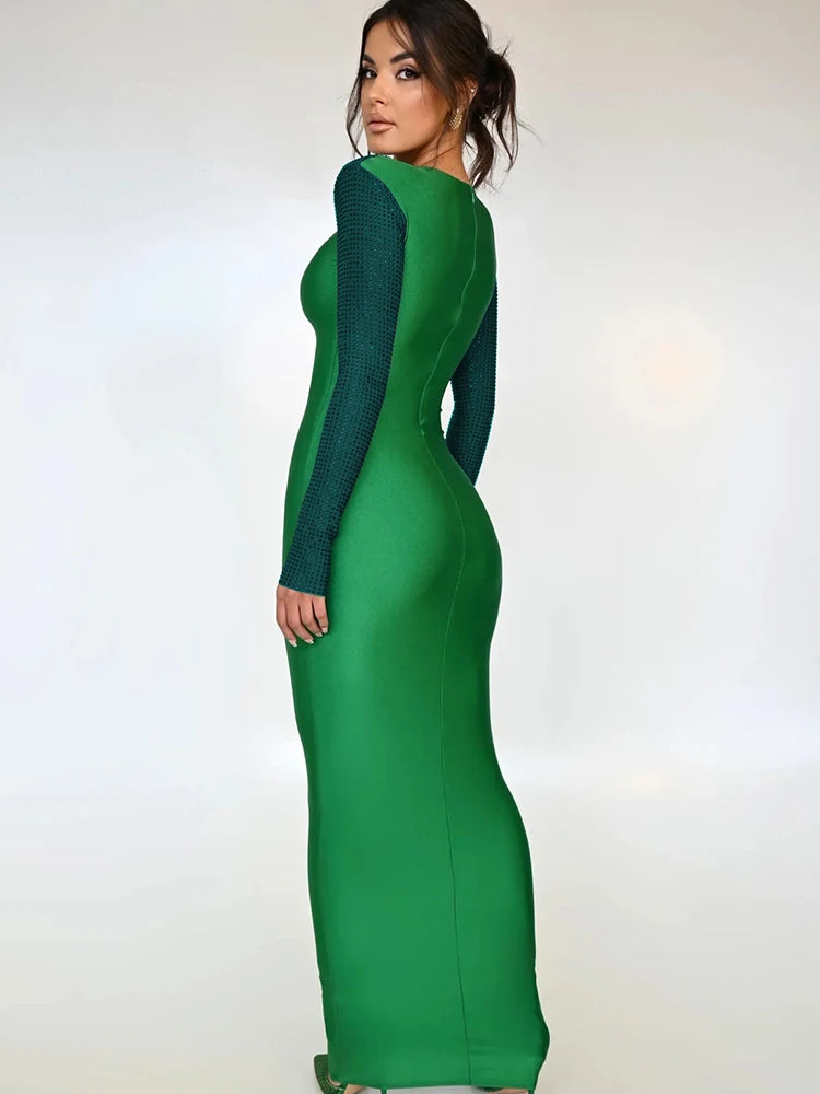Sexy Panel Crystal Women's Maxi Dress Wrap Skirt Stretch Body Fit Slim Long Sleeve Dress Fashion PartyWear 2023 New