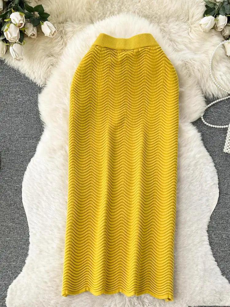 Solid Office Lady Slim Knit Pencil Skirts Women Elegant Elastic High Waist Female Casual Wave Bodycon Skirt Autumn New Fashion