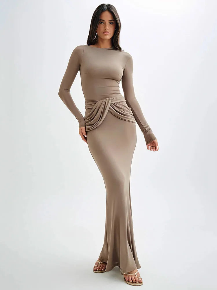 Elegant Long Sleeved Elastic Tight Long Dress Women Bodycon Pleated Evening Dress Slimming Party Club Vestido Fall 2024