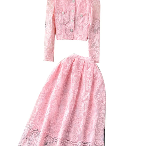 Load image into Gallery viewer, Vintage Elegant Two Piece Set Women Solid Lace Round Neck Long Sleeve Button Short Tops And High Waist Pleated Midi Skirt Autumn
