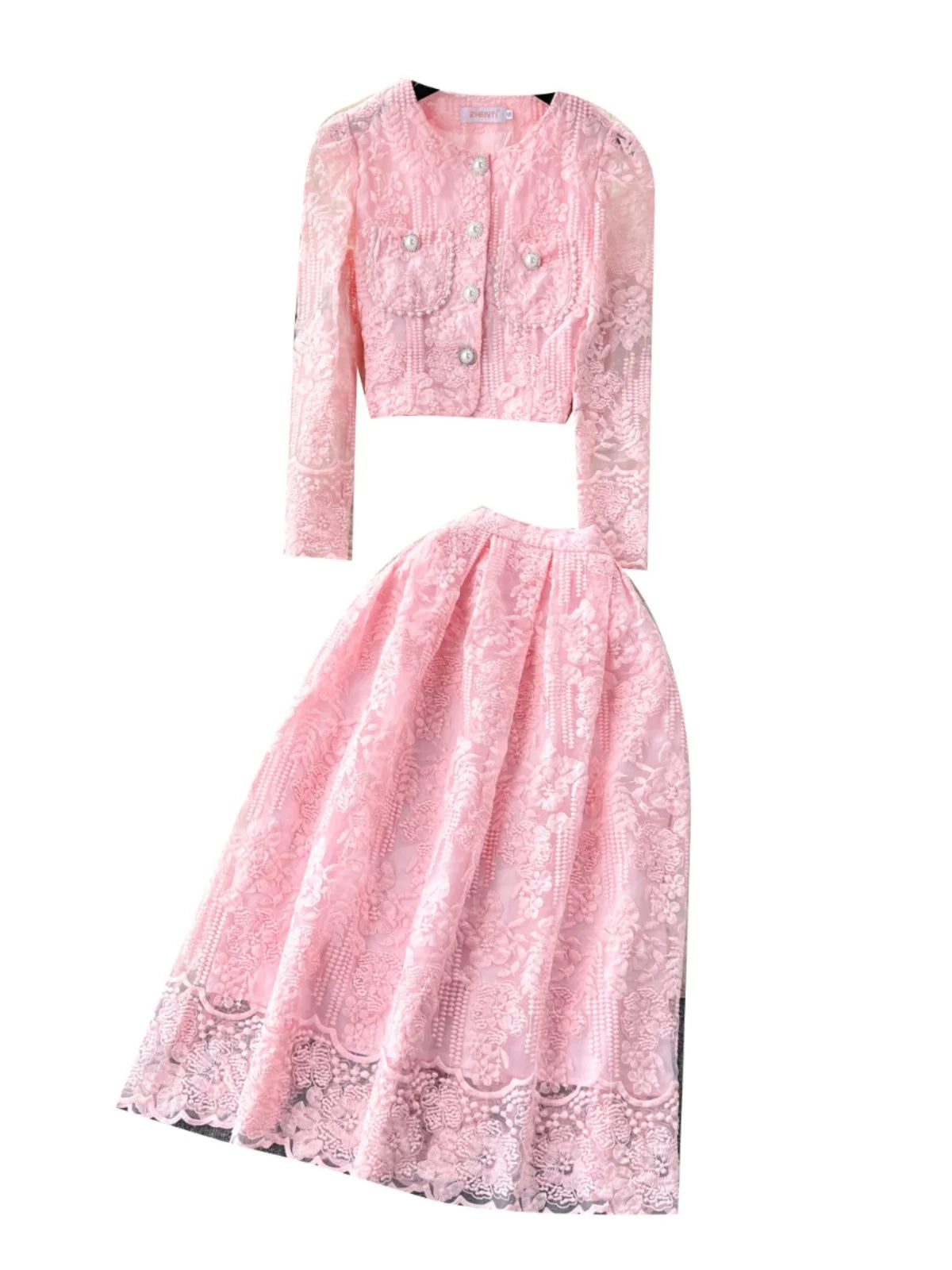 Vintage Elegant Two Piece Set Women Solid Lace Round Neck Long Sleeve Button Short Tops And High Waist Pleated Midi Skirt Autumn