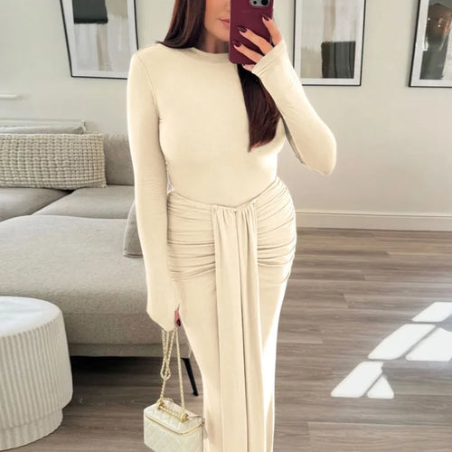 Load image into Gallery viewer, Ruched Draped Sexy Maxi Dress For Women Fashion O Neck Long Sleeve Bodycon Club Party Long Dress Female Elegant Dresses
