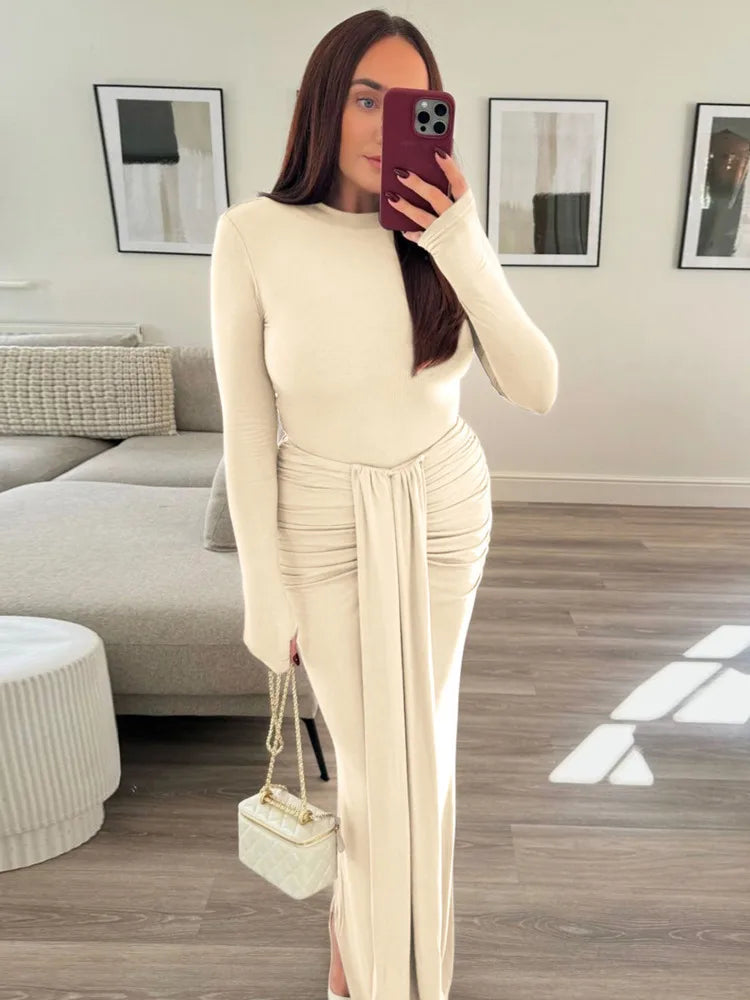 Ruched Draped Sexy Maxi Dress For Women Fashion O Neck Long Sleeve Bodycon Club Party Long Dress Female Elegant Dresses
