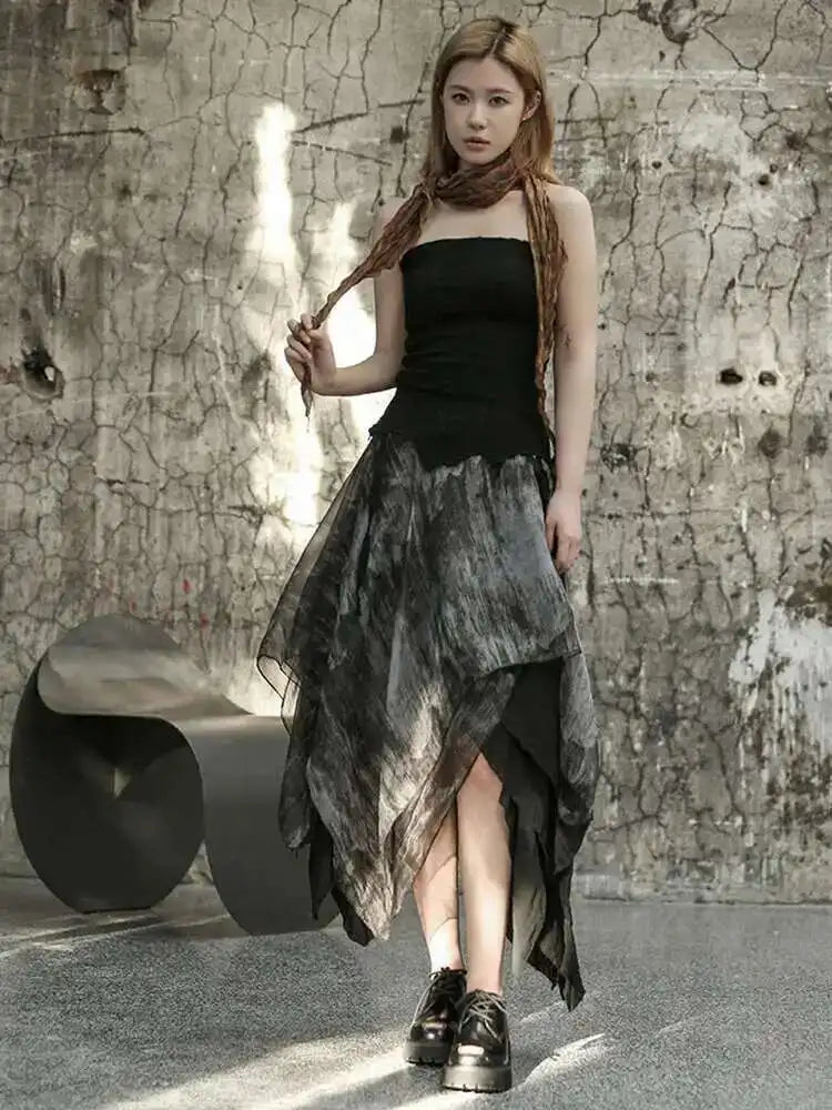 High Elastic Waist Black Irregular Printed Pleated Vintage Half-body Skirt Women Fashion New Spring Autumn 2025 1DF6823