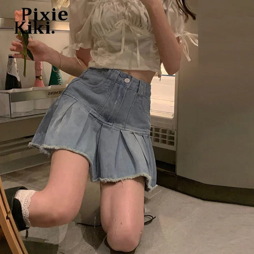 Load image into Gallery viewer, Denim High Waisted Mini Pleated Skirts Vintage Y2k 2000s Teen Girl Clothes Blue Jean Skirt P71-BI42
