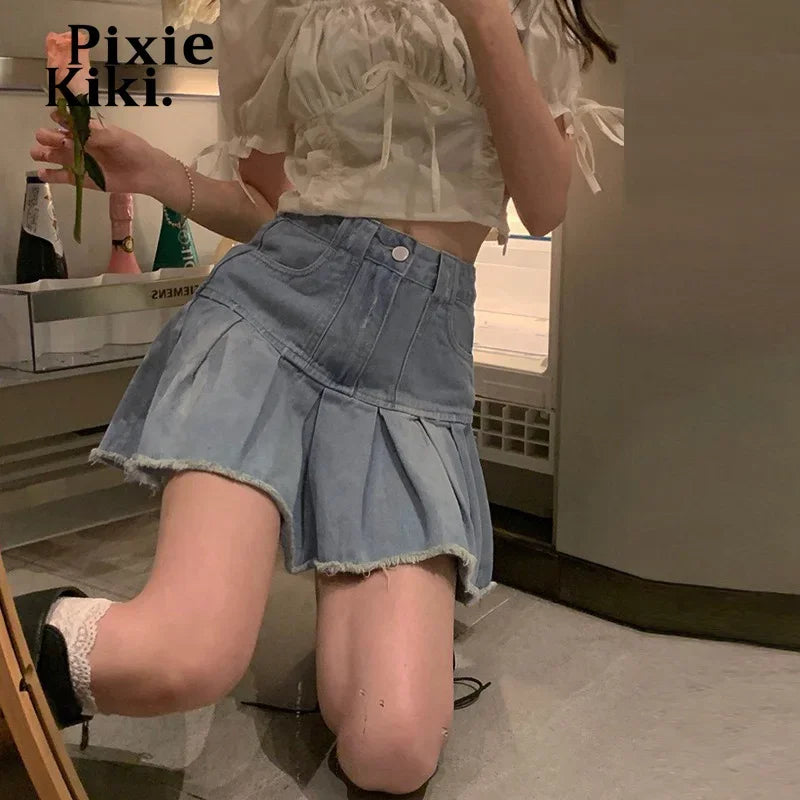 Denim High Waisted Mini Pleated Skirts Vintage Y2k 2000s Teen Girl Clothes Blue Jean Skirt P71-BI42