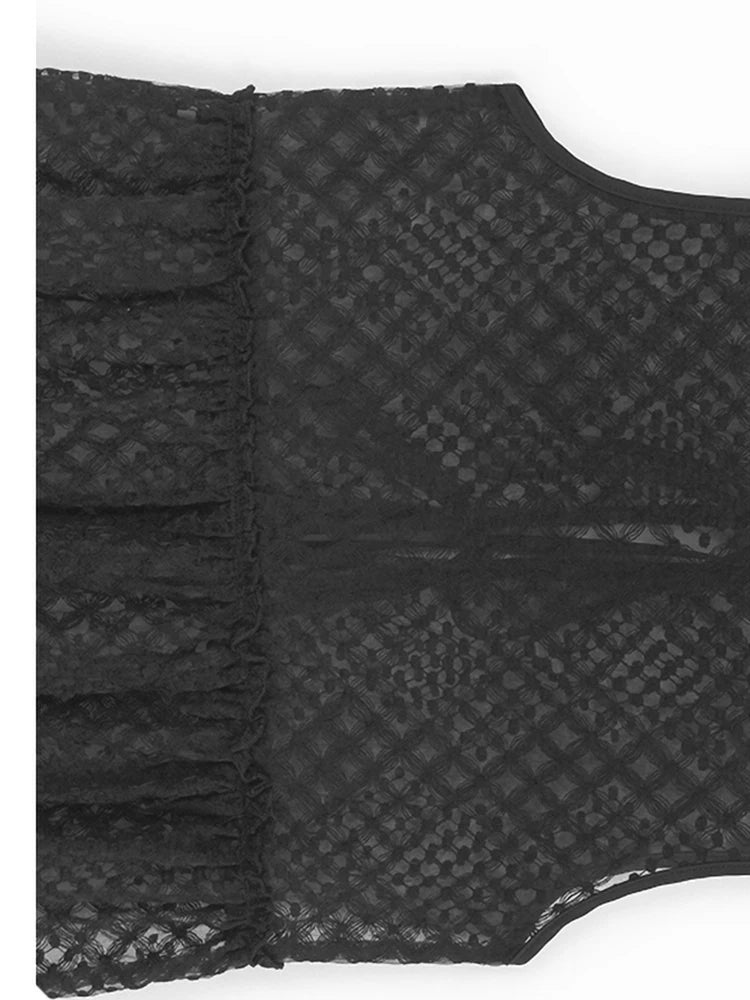 Women Black Mesh Bandage Perspective Elegant Vest Dress New Round Neck Sleeveless Fashion Spring Summer  2025  1DJ0918