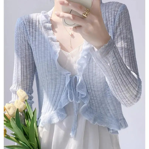 Load image into Gallery viewer, New Spring Summer Solid Long Sleeved Festival Elegant Slim Cardigan Knitted Tops Ladies Sun Protection Lace-up Ruffle Edge Coat
