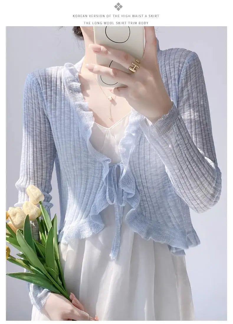 New Spring Summer Solid Long Sleeved Festival Elegant Slim Cardigan Knitted Tops Ladies Sun Protection Lace-up Ruffle Edge Coat