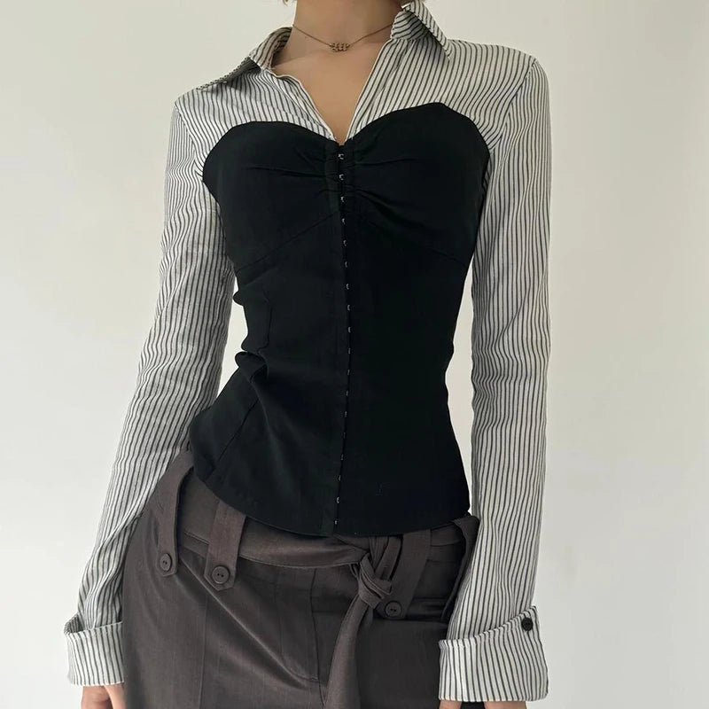 Fashion Chic Corset Women Blouse Tops Long Sleeve Spring Autumn Pins-Up Shirt Patched French Contrast Color Cardigans