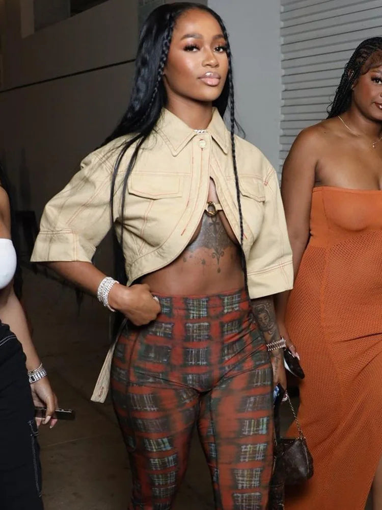 Small Personality Woman Jacker Button Metal Ring Autumn Cardigan Outdoor Street Fashion Half-Sleeved Lapel Short Coat