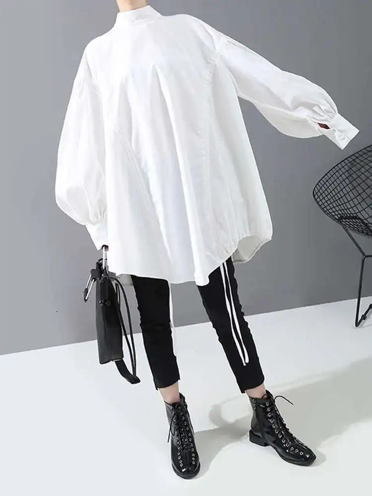 Women Back Long Drawstring Big Size Blouse New Satnd Collar Long Sleeve Loose Fit Shirt Fashion Spring Autumn 2025 1Z189