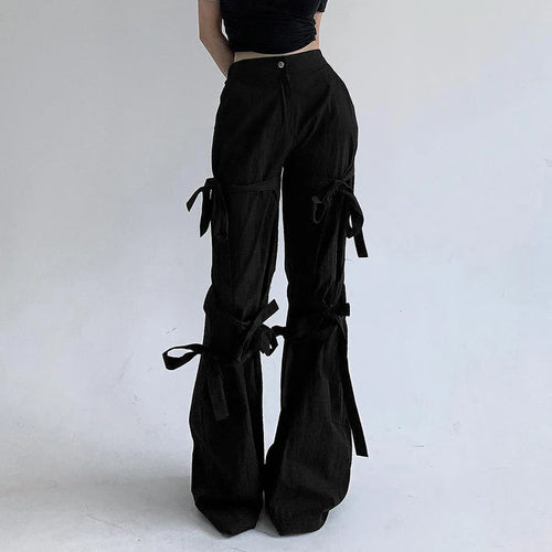 Load image into Gallery viewer, Harajuku Bandage Black Flare Pants Chic Design Lace Up Bow Female Trousers Full Length Gothic Casual Sweatpants
