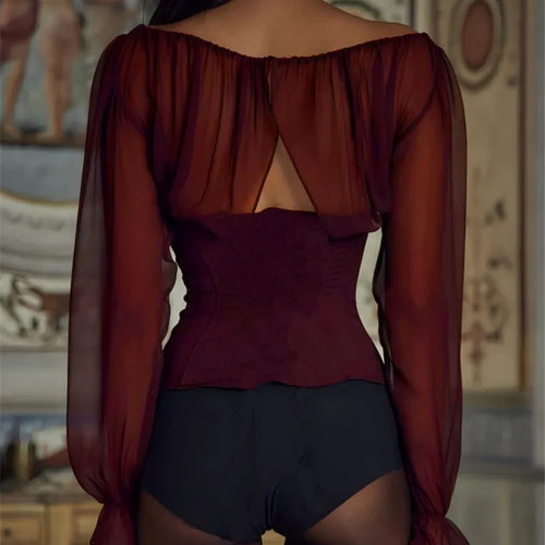 Load image into Gallery viewer, Wine Red Chiffon Long Sleeve Sexy T-shirt Women Fashion Elegant Lace-up Backless High Waist T-shirts Tops Loose Tees
