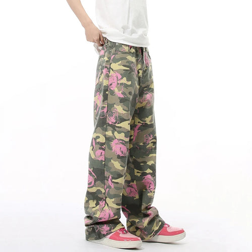 Load image into Gallery viewer, Niche Men&#39;s Denim Pants Rose Printing Camouflage Contrast Color Loose Trousers Straight Wide Leg Casual Male Jeans 9C8898
