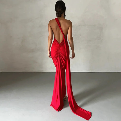 Load image into Gallery viewer, Oblique Shoulder Backless Maxi Dress For Women Gown Summer Back Strap Sleeveless Ruched Party Sexy Long Dress Vestidos
