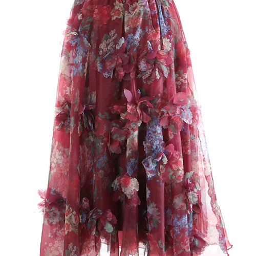 Load image into Gallery viewer, High Elastic Waist Red Flower Printed Organza Ball Gown Half-body Skirt Women Fashion Tide New Spring Autumn 2025 1DJ1139
