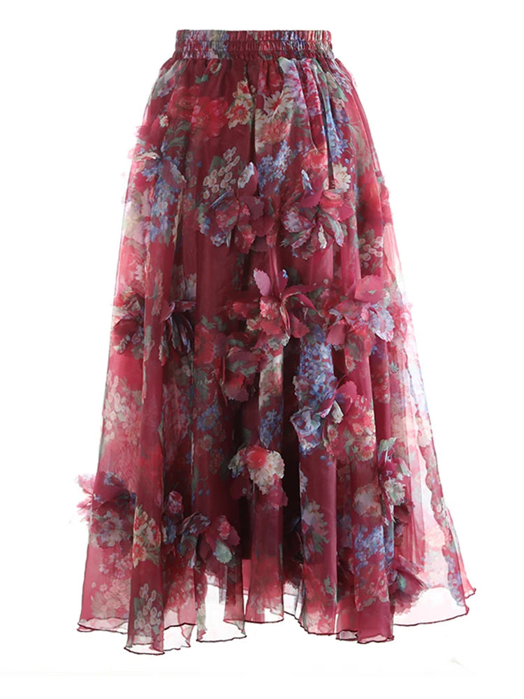 High Elastic Waist Red Flower Printed Organza Ball Gown Half-body Skirt Women Fashion Tide New Spring Autumn 2025 1DJ1139