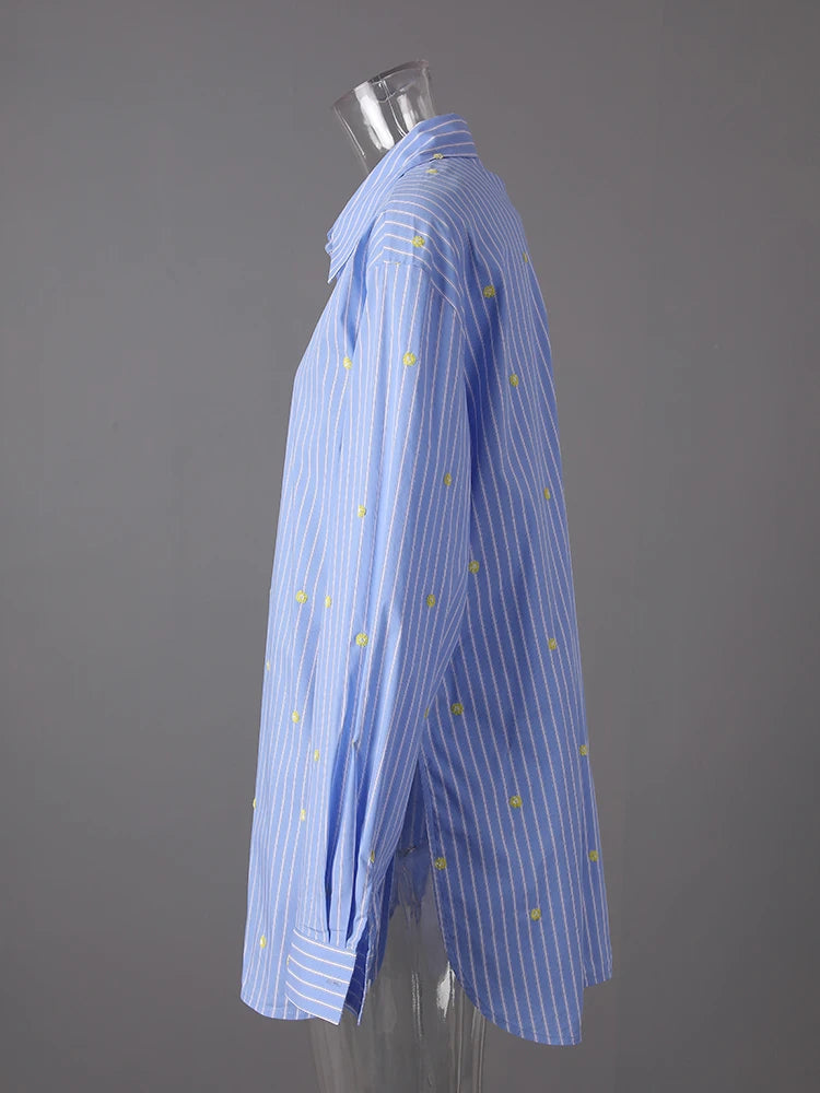 Women Blue Striped Dot Big Size Elegant Blouse New Lapel Long Sleeve Shirt Fashion Tide Spring Autumn 2025 CPG3310