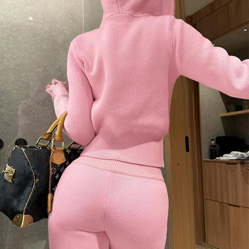 Load image into Gallery viewer, Casual Sporty 2 Piece Set Women Tracksuit Knit Hooded Zip Jacket+Straight Pants Sporty leisure Stretch Matching Streetwear
