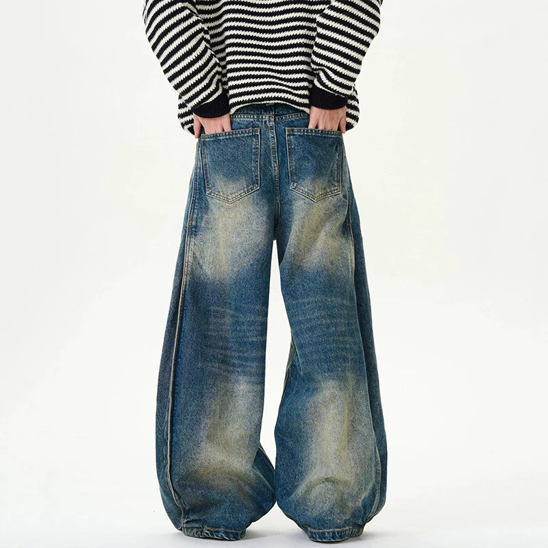 Men's Jeans American Fashion Nostalgic Washed Mud Dyed Curved Knife Denim Pants Summer New Male Bottoms High Street 9W1460