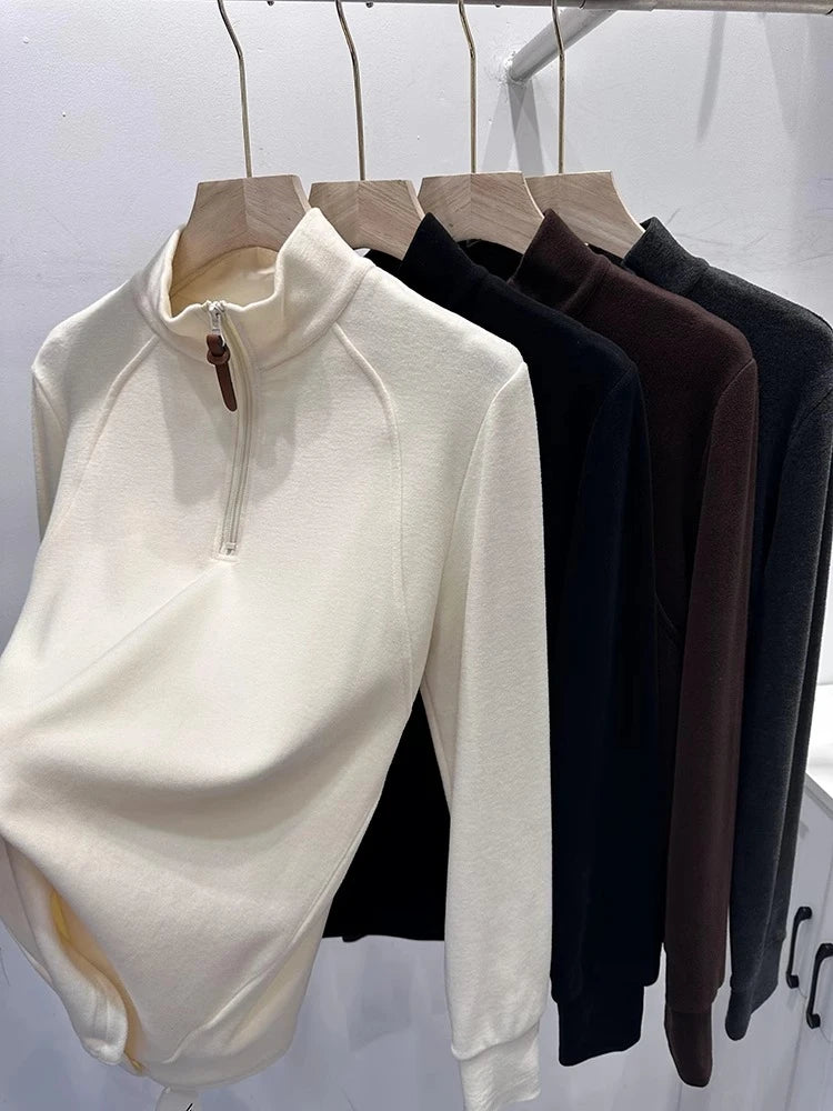 Autumn Winter Korean Fashion Solid Half Zipper Stand Pullover T Shirt Women Long Sleeved Tops 2024 Simplicity Versatile Clothing