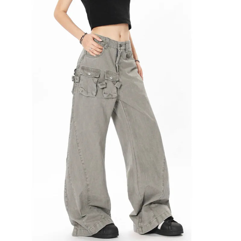 Men's Cargo Pants New American Style Micro Flared Trendy Splicing Stylish Multi Pockets Design Male Casual Trousers 9W193