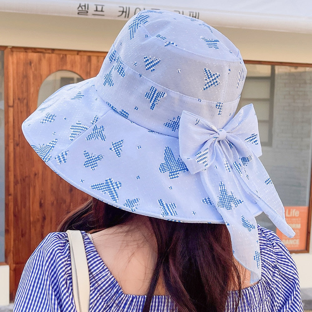 Women Summer Sun Hat Fashion Bow Butterfly Print Sun Cap Female Outdoor Sun Protection Travel Beach Bucket Hat