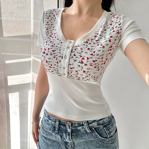 Load image into Gallery viewer, Korean Cutecore Slim Summer T shirt Female Buttons Floral Printed Crop Top Bodycon Casual Preppy Style Tees Clothing
