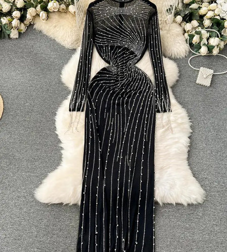 Women Black Mesh Tassel Long Sleeve Diamonds Bodycon Long Dresses Autumn Vintage Elegant Birthday Party Evening Dress French New