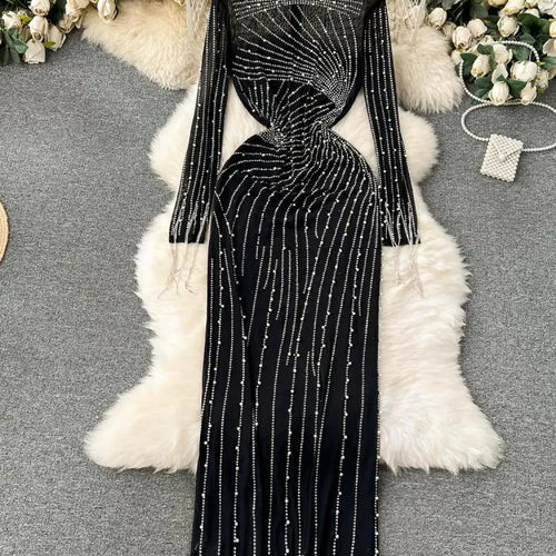 Load image into Gallery viewer, Women Black Mesh Tassel Long Sleeve Diamonds Bodycon Long Dresses Autumn Vintage Elegant Birthday Party Evening Dress French New
