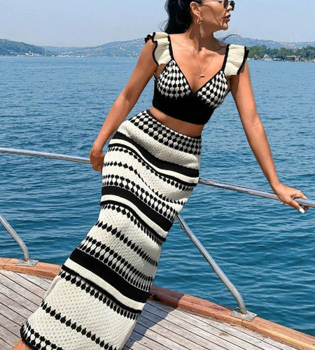 Striped Knit Two Piece Sets Women V Neck Sleeveless Crop Tops And Maxi Skirt Matching Sets Ladies Knit Skirt Sets