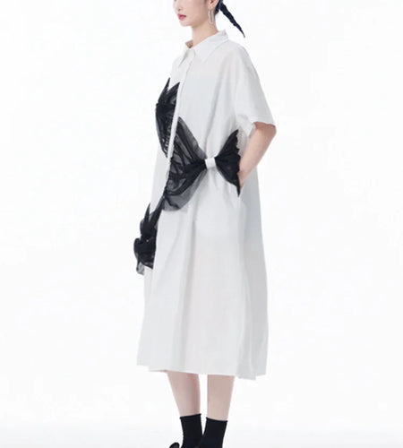 Women White Mesh Bow Color-block Big Size Shirt Dress New Lapel Short Sleeve Fashion Tide Spring Summer 2025 1DJ0048