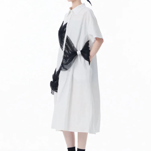 Load image into Gallery viewer, Women White Mesh Bow Color-block Big Size Shirt Dress New Lapel Short Sleeve Fashion Tide Spring Summer 2025 1DJ0048
