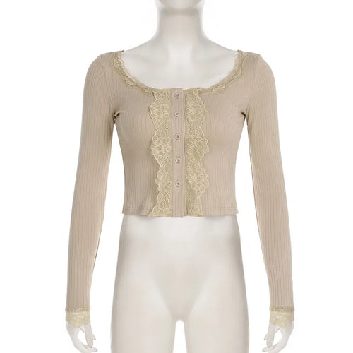 Load image into Gallery viewer, Lace Trim Tops y2k Clothes Women Square Collar Single Breasted Long Sleeve T Shirts Fairy Coquette Clothing Streetwear
