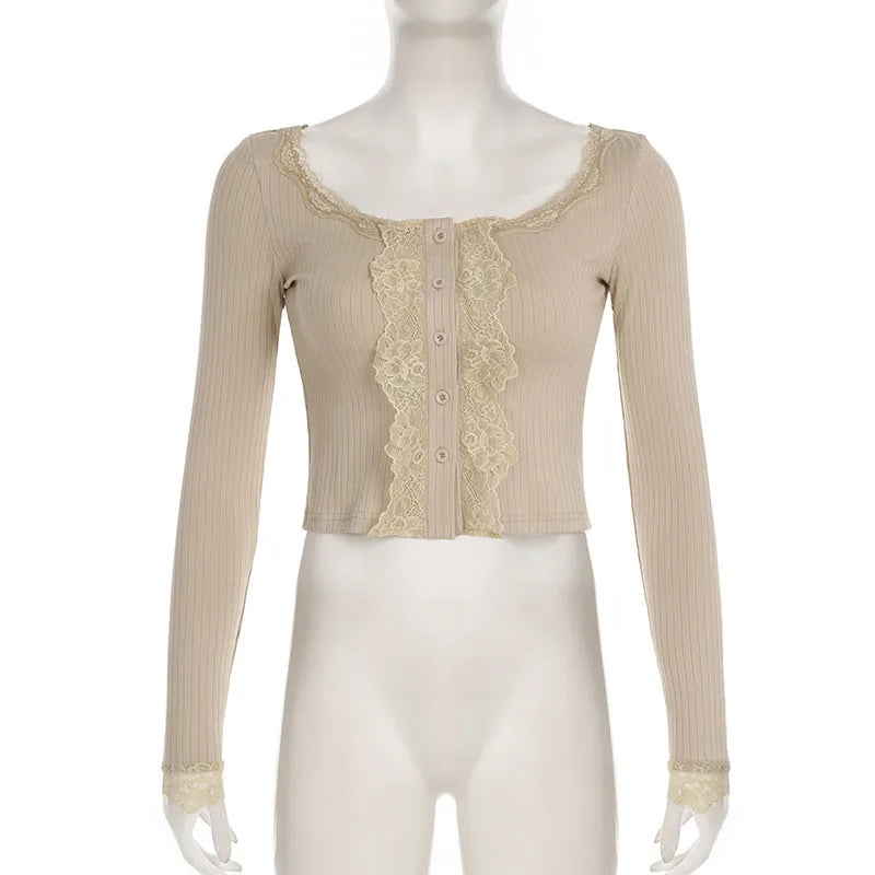Lace Trim Tops y2k Clothes Women Square Collar Single Breasted Long Sleeve T Shirts Fairy Coquette Clothing Streetwear