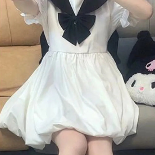 Load image into Gallery viewer, Japanese Sweet Kawaii Lolita White Dress Women Preppy Style School Tudent Sailor Collar Cute Cartoon Print Dresses
