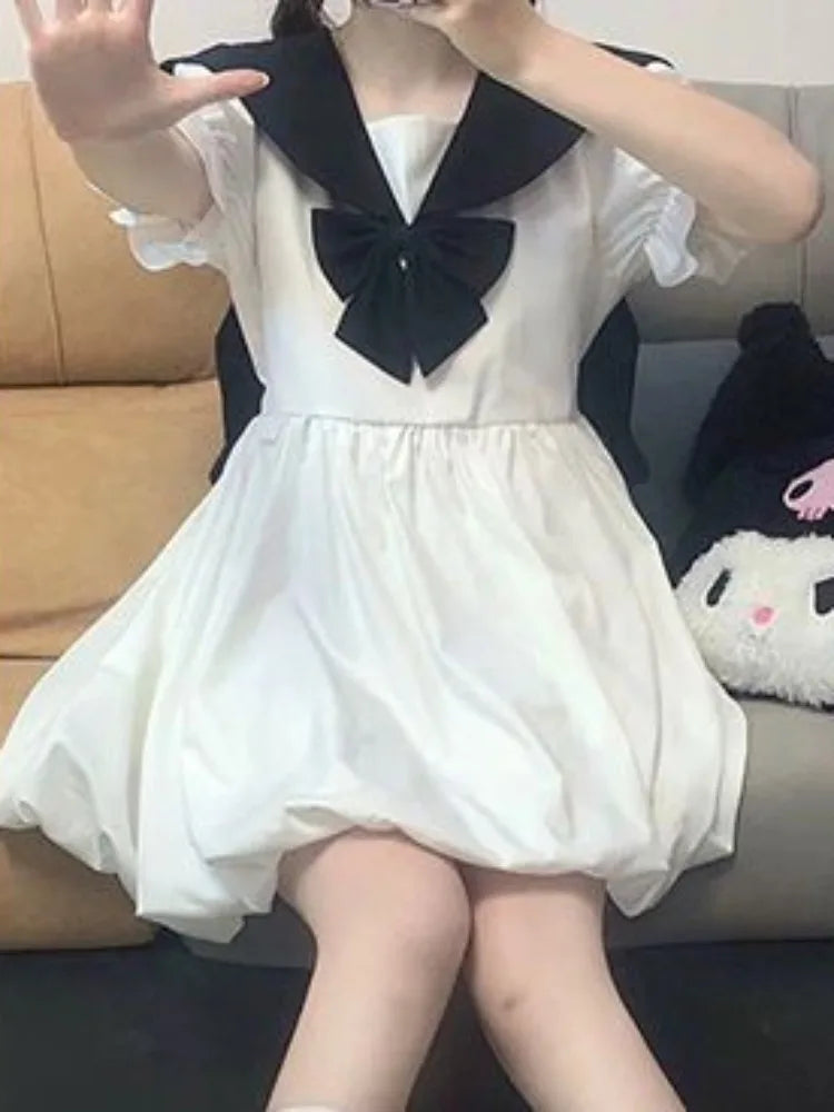 Japanese Sweet Kawaii Lolita White Dress Women Preppy Style School Tudent Sailor Collar Cute Cartoon Print Dresses