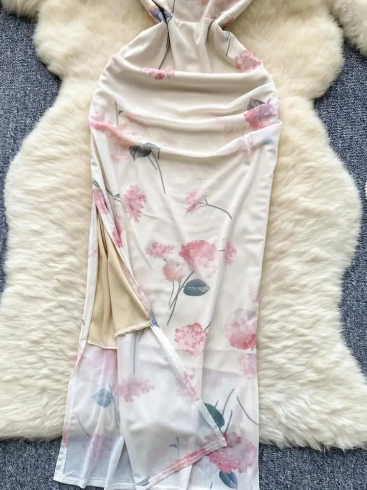 Summer New Chinese Style Print Mesh Dresses Women Sexy Club Hollow Out Stand Collar Sleeveless Slim Evening Party Dress Holiday