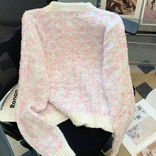 Load image into Gallery viewer, Autumn Winter Sweet Vintage Rainbow Knitted Cardigan Top French Fashion Women New Round Neck Single Breasted Long Sleeve Sweater
